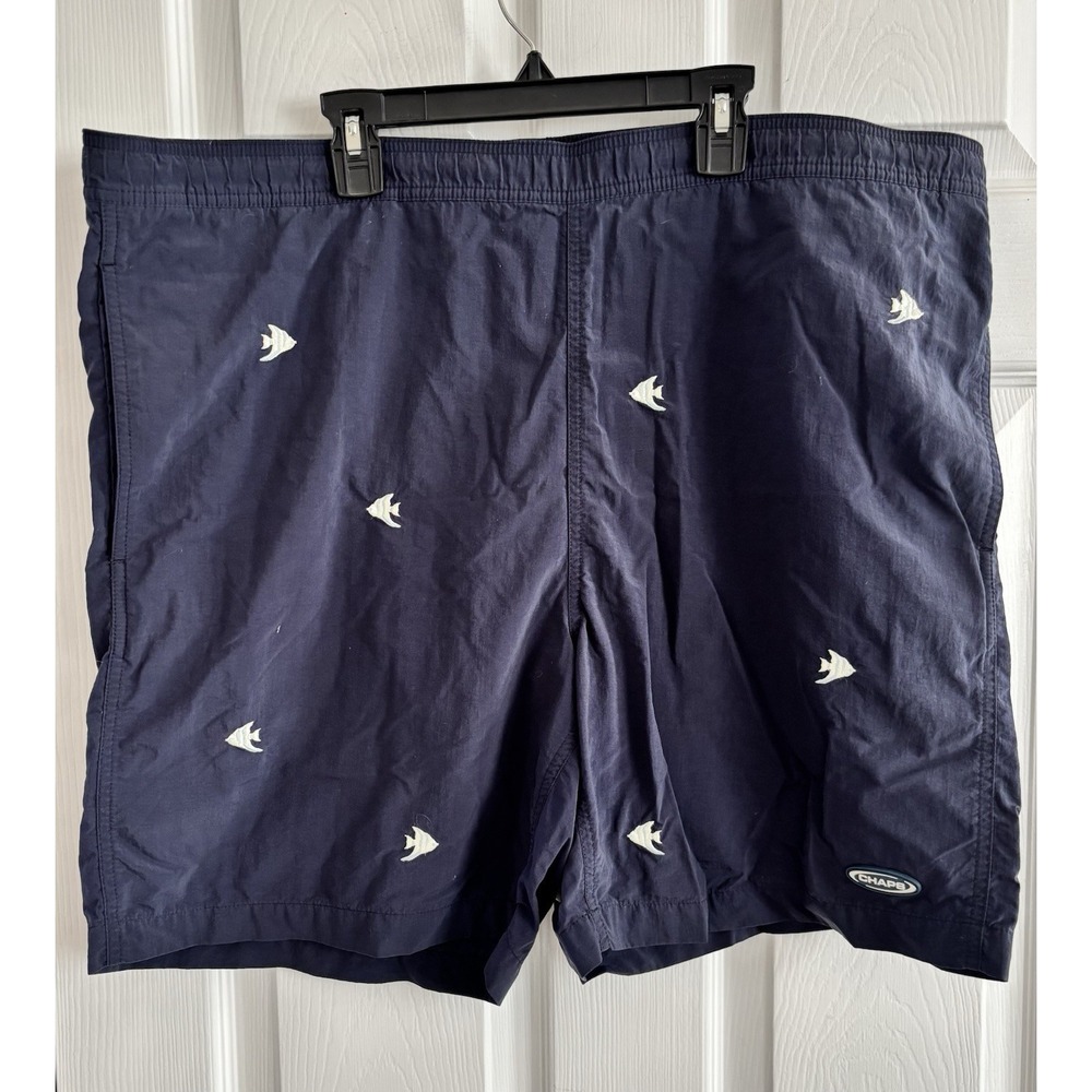 Chaps Men's Navy Blue Lined Swimming Trunks Size‎ L (42x6) Tropical Fish Embr